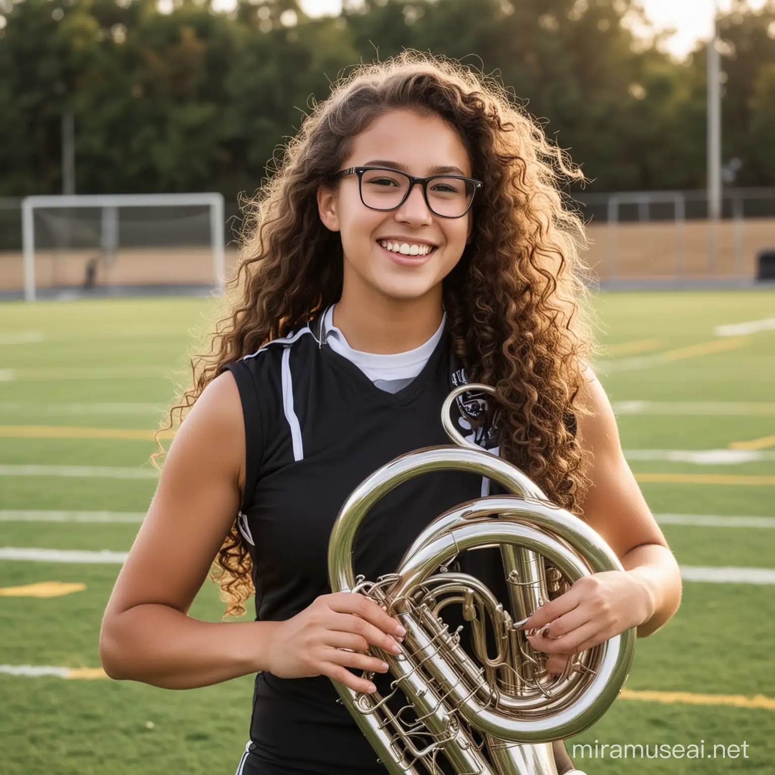 Teenage Band Geek Playing Tuba on School Football Field