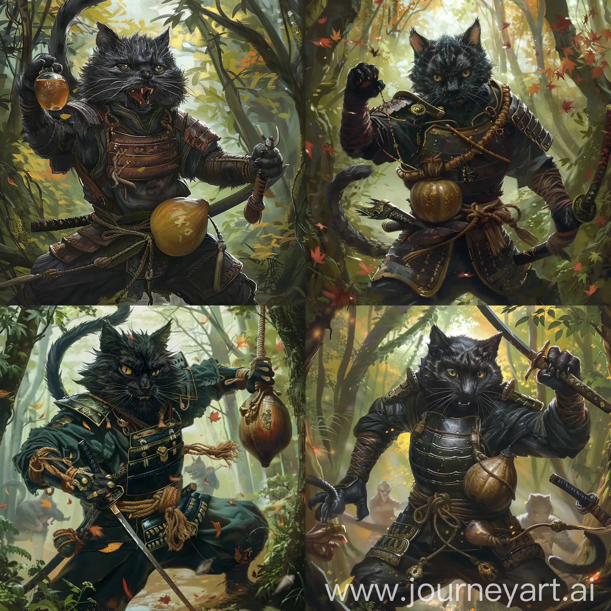 Tabaxi macho de color negro, que parece un gato de cola larga y tupida, tiene una armadura de cuero que parece estar estilizada para parecer ropa samurai tradicional, tiene una calabaza llena de licor atada a la cintura, está siendo emboscado en un bosque y tiene su katana en mano de manera ofensiva