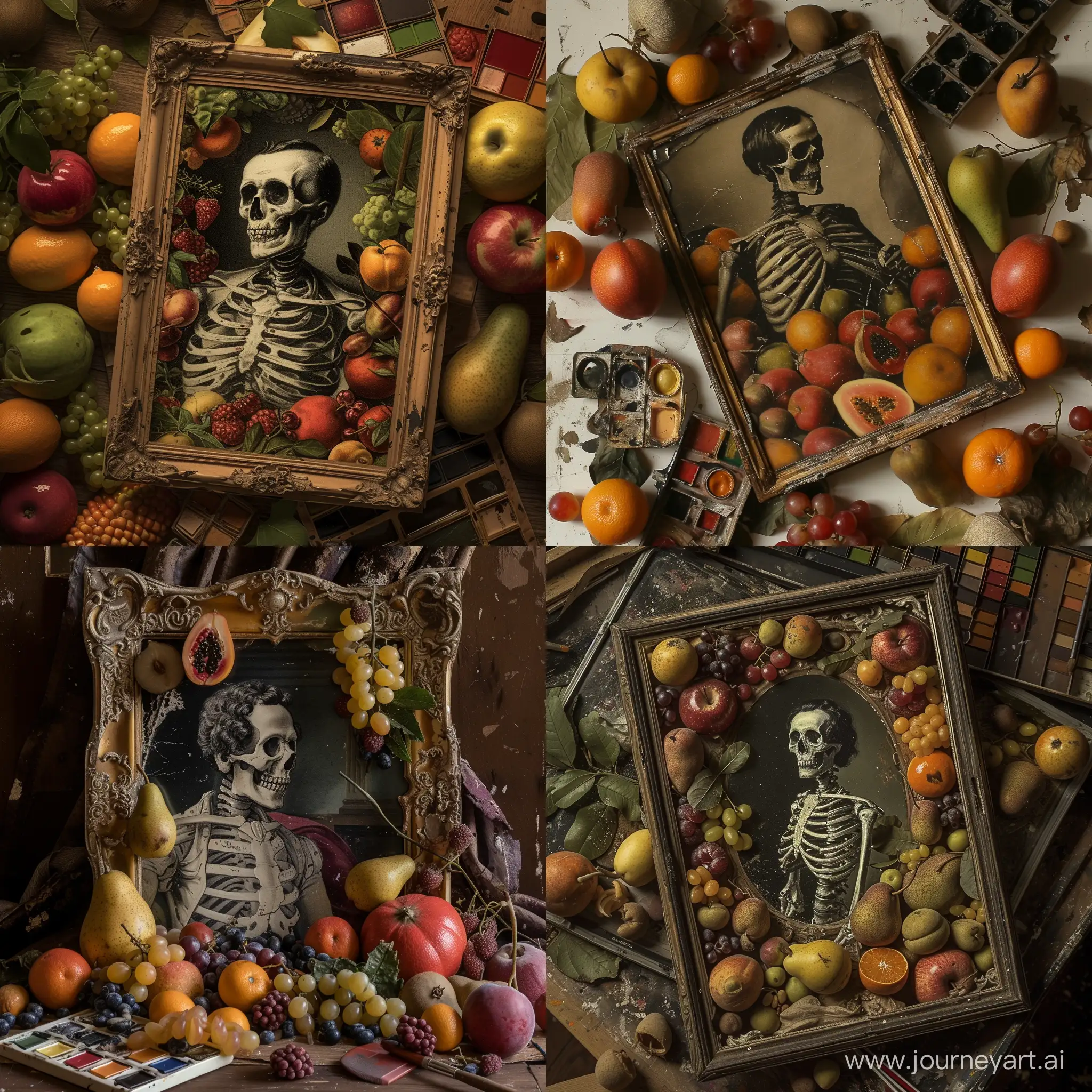A skeleton photo of a man in Napoleon's era surrounded by fruits in the form of an old photo with an old palette.