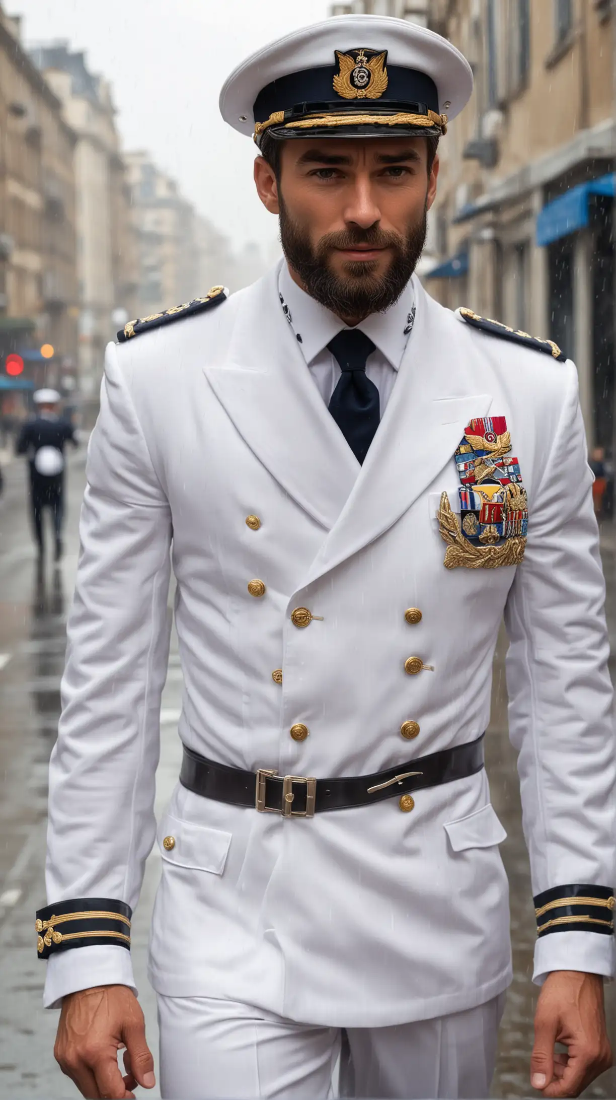 Tall and handsome muscular men half naked with hairy chest with beautiful hairstyle and beard with attractive grey eyes and Big wide shoulder in Navy officer open white suit with hat as admiral general walking on street with rain, muscilar abs showing under uniform, winking iresistible and half naked with sharp nipples and hairy chest 