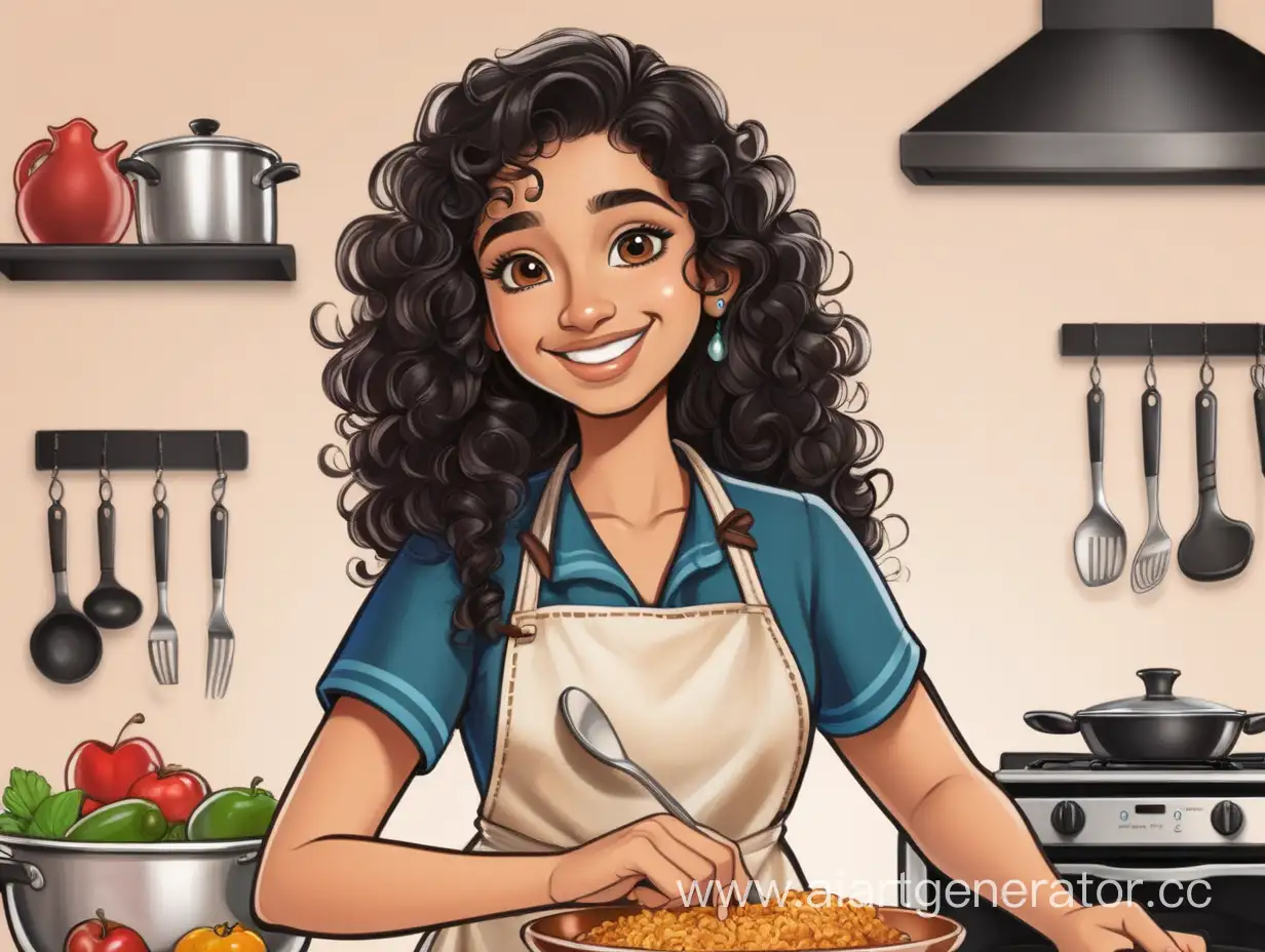 Logo design. 22 year old Indian girl. Very curly dark hair. Disney style. Smiling. Cooking.