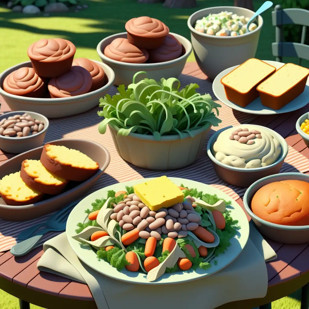 1900s cartoon style salad, potato salad, cornbread muffins, greens, pinto beans, carrots on a table in the park 