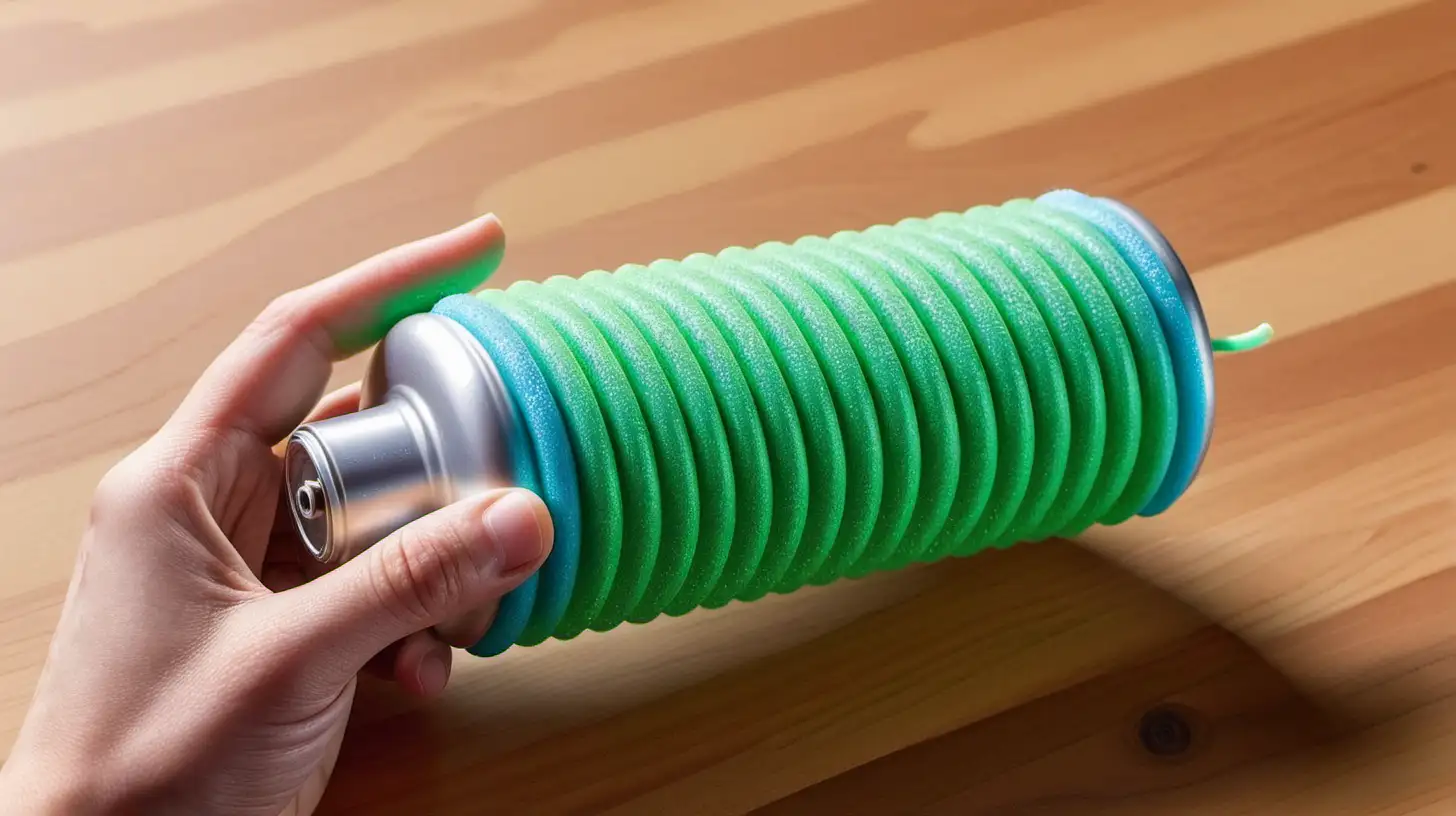 A photo hand holding a green, cylindrical object with pool noodle-like features on a wooden surface. It weird blue fins and making it abstract. The object has a silver circular detail similar the a battery positive side. It appears to be a creative, artistic rendition of a using a can-like structure.