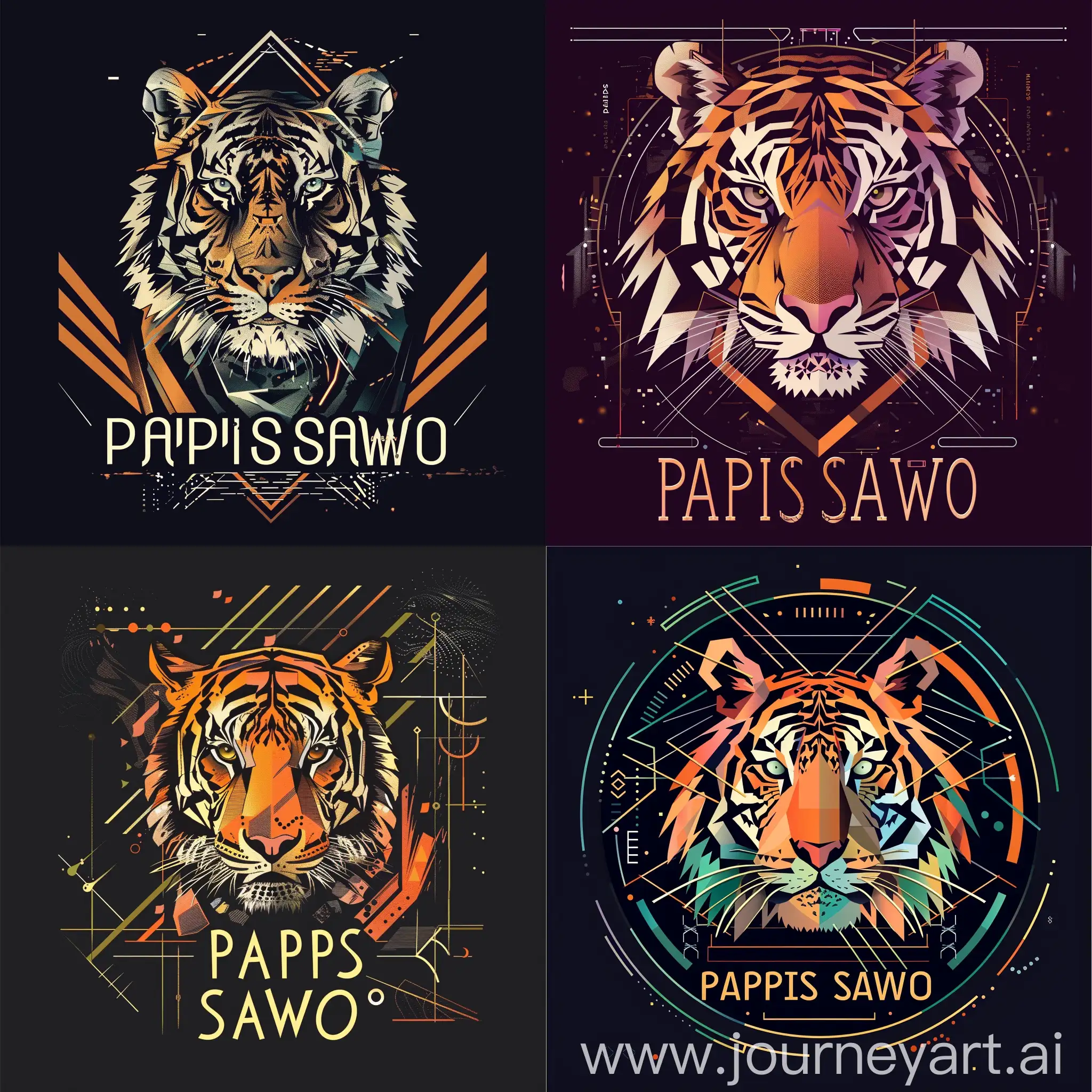 логотип со словами "PAPIS SAWO", с изображением стилизованного тигра в техно стиле, тигр в стилизованном графическом виде с геометрическими формами и цифровыми элементами, чтобы подчеркнуть техно-стиль логотипа, неоновый шрифт для надписи "PAPIS SAWO", добавит эффектного контраста и привлечет внимание к логотипу