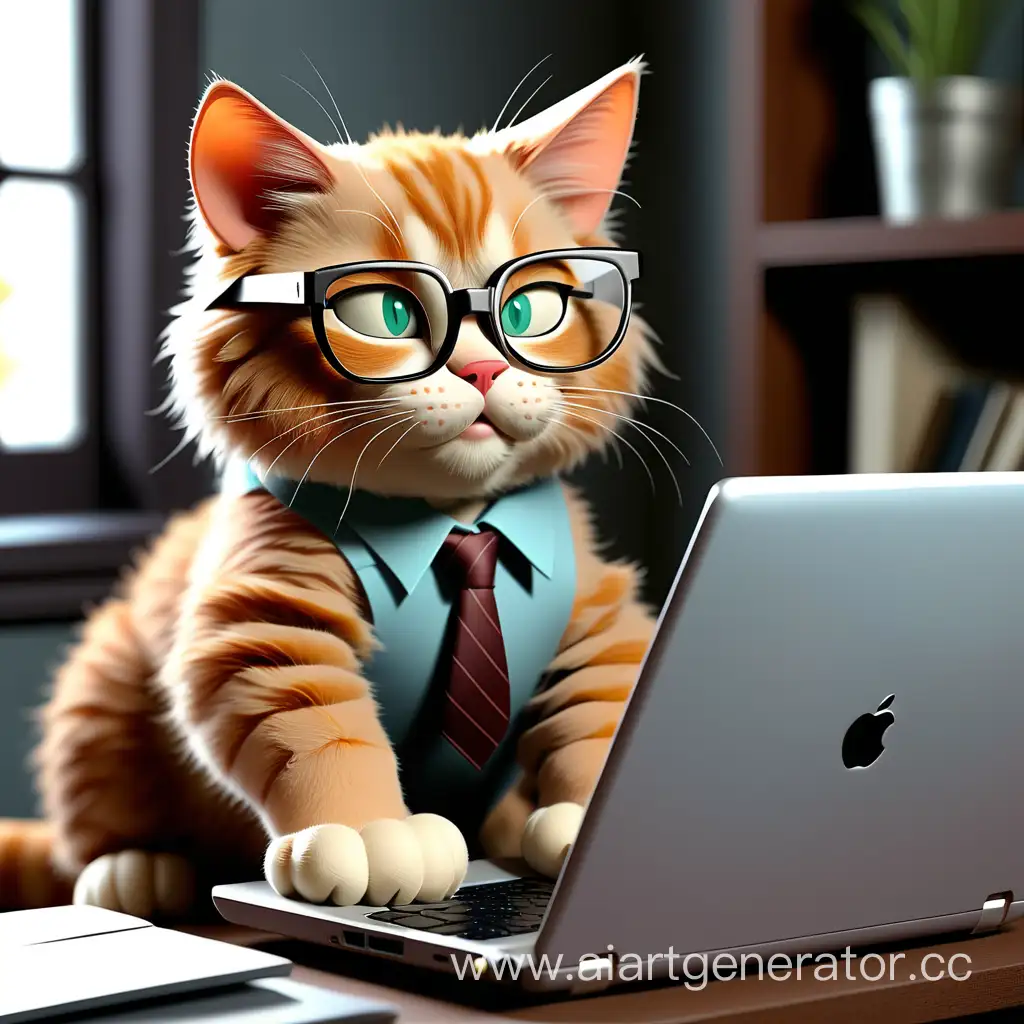 кот работает за ноутбуком в очках
