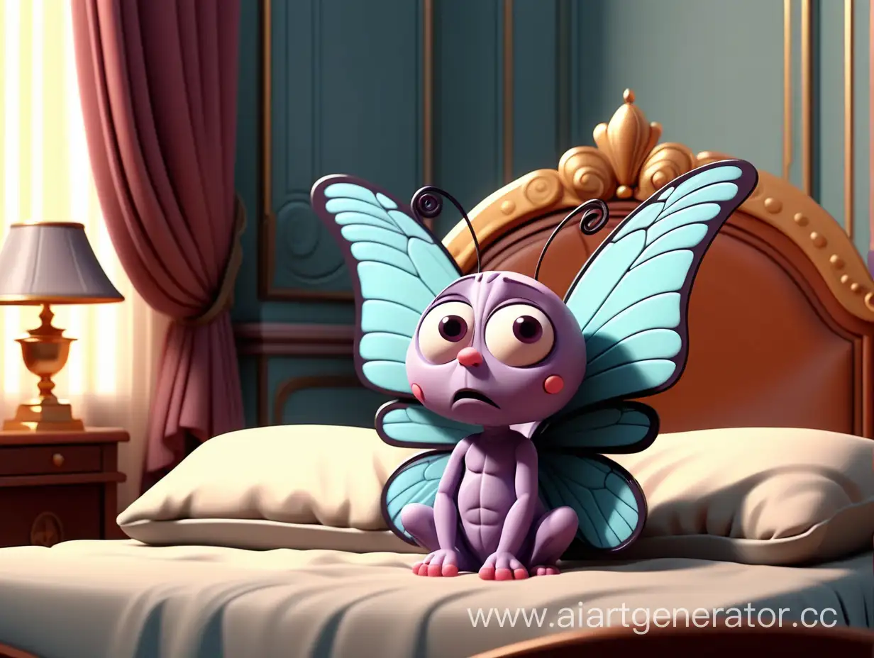 cartoon style, 8k, one little sad butterfly sitting on the bed in the palace