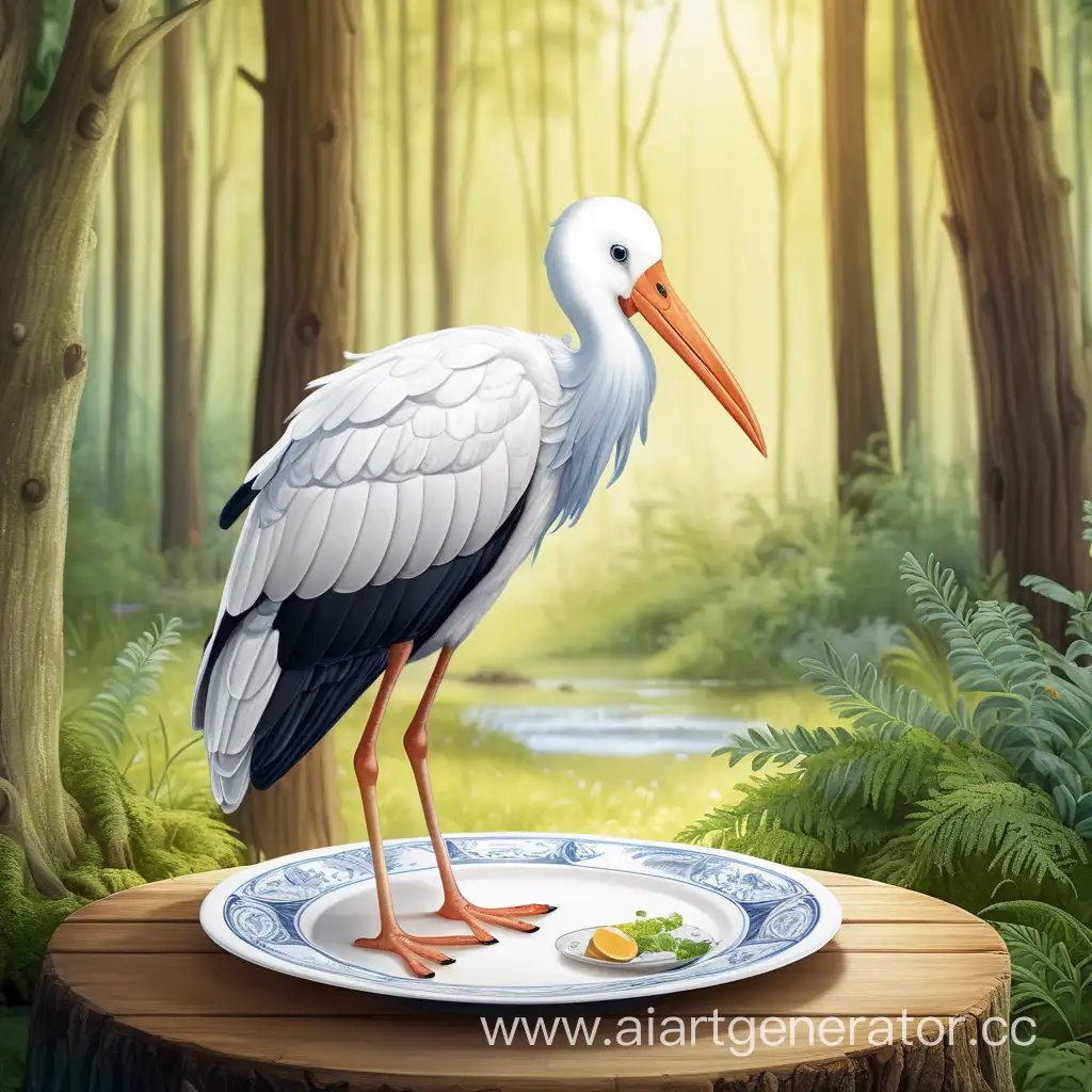 a stork near a plate in the forest