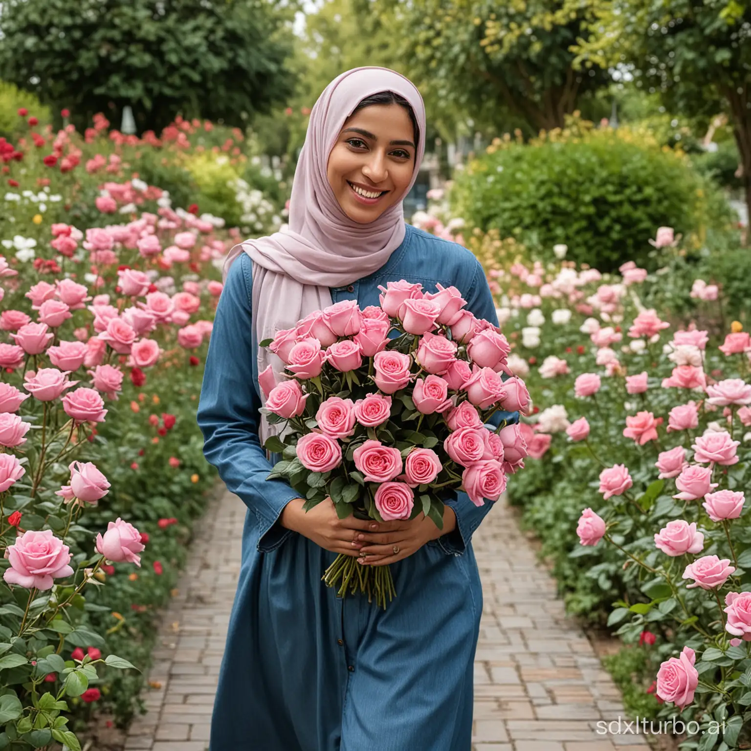 A 30-year-old Muslim woman wearing a denim-colored Islamic dress walks, smiling, holding a bunch of pink roses, with a background of a beautiful flower garden with various types of flowers