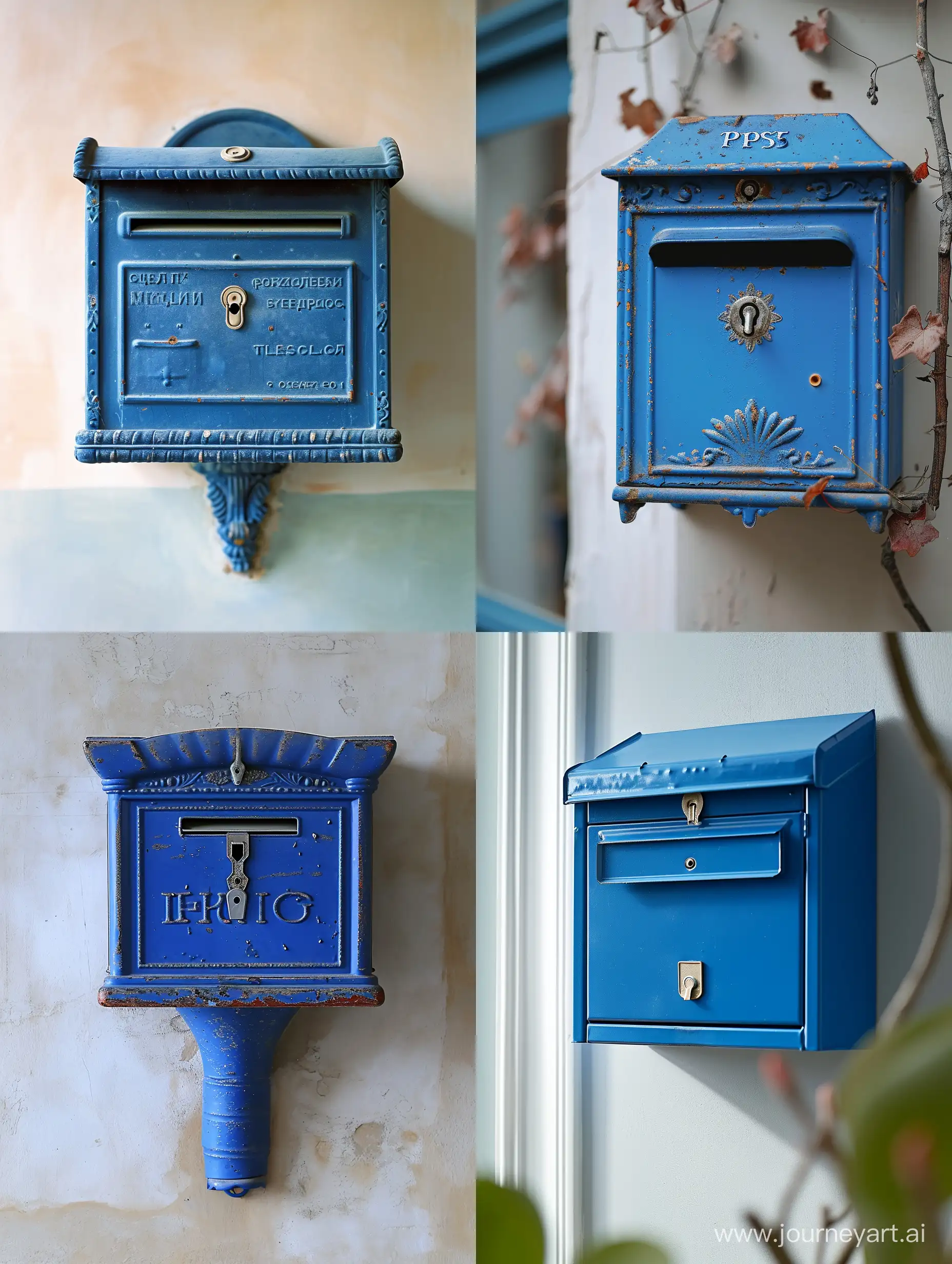 российский почтовый ящик почты России, синего цвета, висит на стене, крупный план, светлый задний фон