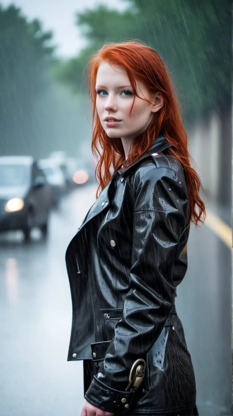 Vibrant Redhead in Leather Embracing Rainy Urban Ambiance