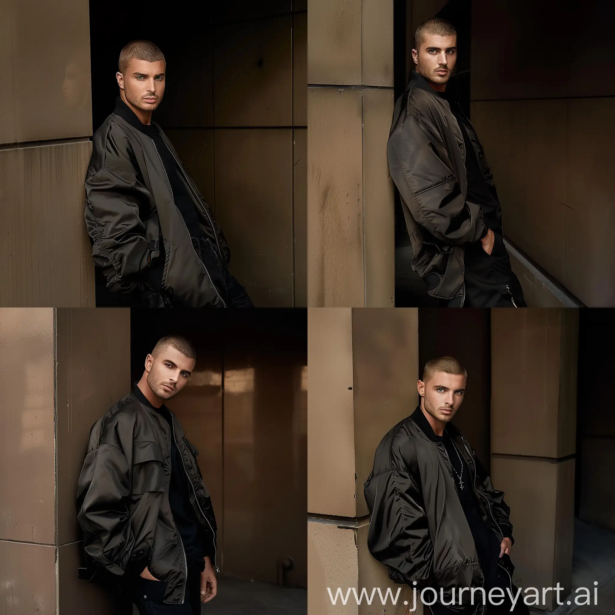 Young-Man-Leaning-on-Wall-with-Green-Eyes-and-Black-Jacket