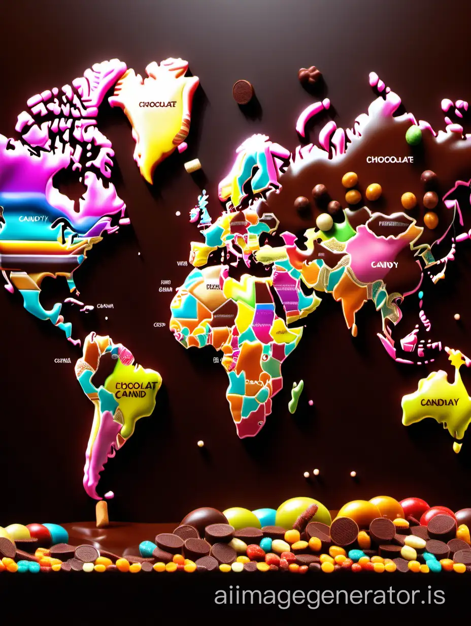 World map of chocolate and candy, full hd , very colourful