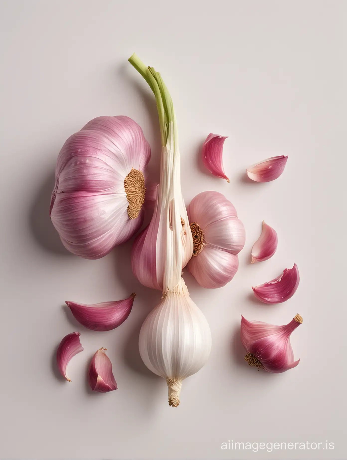 A pink garlic clove in the style of a medieval image, white background