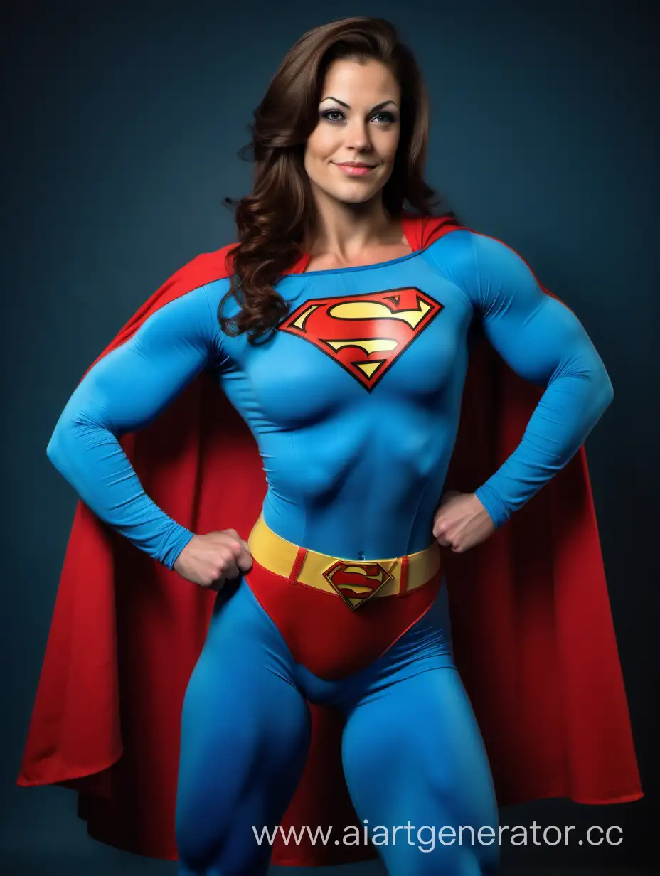 A beautiful woman with brown hair, age 30, She is happy and muscular. She has the physique of a champion bodybuilder. She is wearing a Superman costume with (blue leggings), (long blue sleeves), red briefs, and a long cape. Her costume is made of very soft cotton fabric. The symbol on her chest has no black outlines. She is posed like a superhero, strong and powerful. In the style of a 1970s movie.