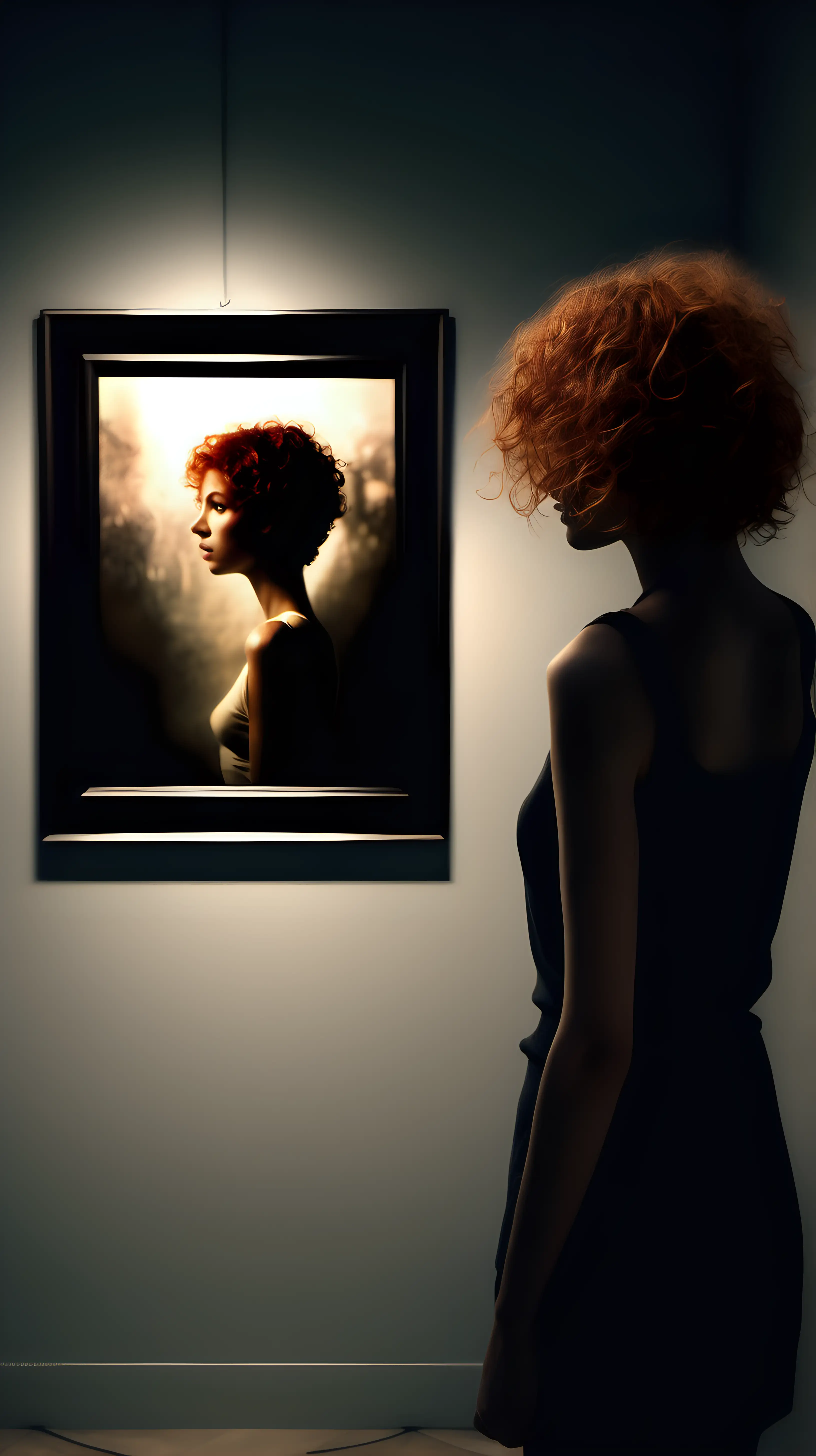 photorealistic scene of a young ginger short curly hair, watching breathtaken at some artwork framed in haning on a wall, in dark dreamy like atmosphere, only seeing the back of the sexy girl