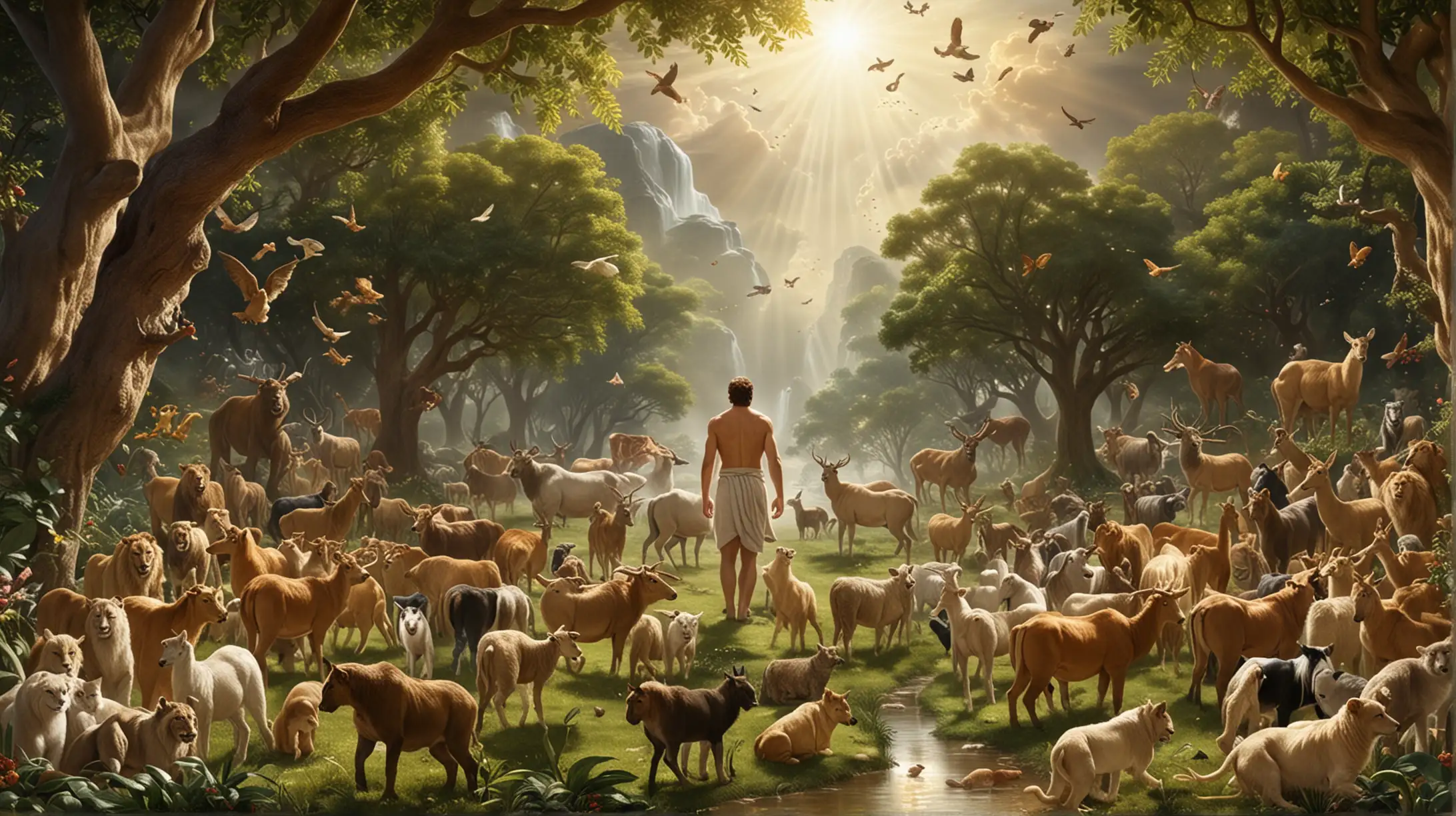 First Man Adam Created by God in Eden Surrounded by Animals