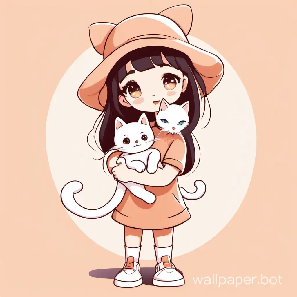 The background is white, the character is a cartoon girl holding a kitten in her arms, with a small dog beside her, wearing a hat, and the style should be cartoon illustration type.