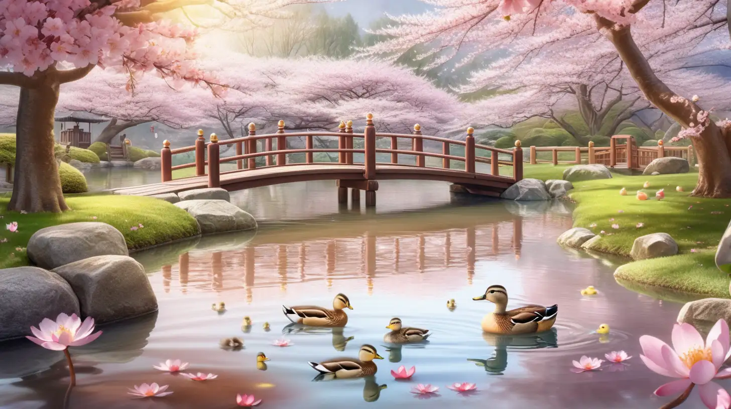A beautiful pond with a cute wooden bridgee going over the pond, the pond is surrounded by beautiful bloomed Japanese Sakura trees, while a mother duck and her ducklings swim in the middle of the pond, and petals from the Sakura tree falling to the water, extreme detailed digital art, dramatic lighting 
