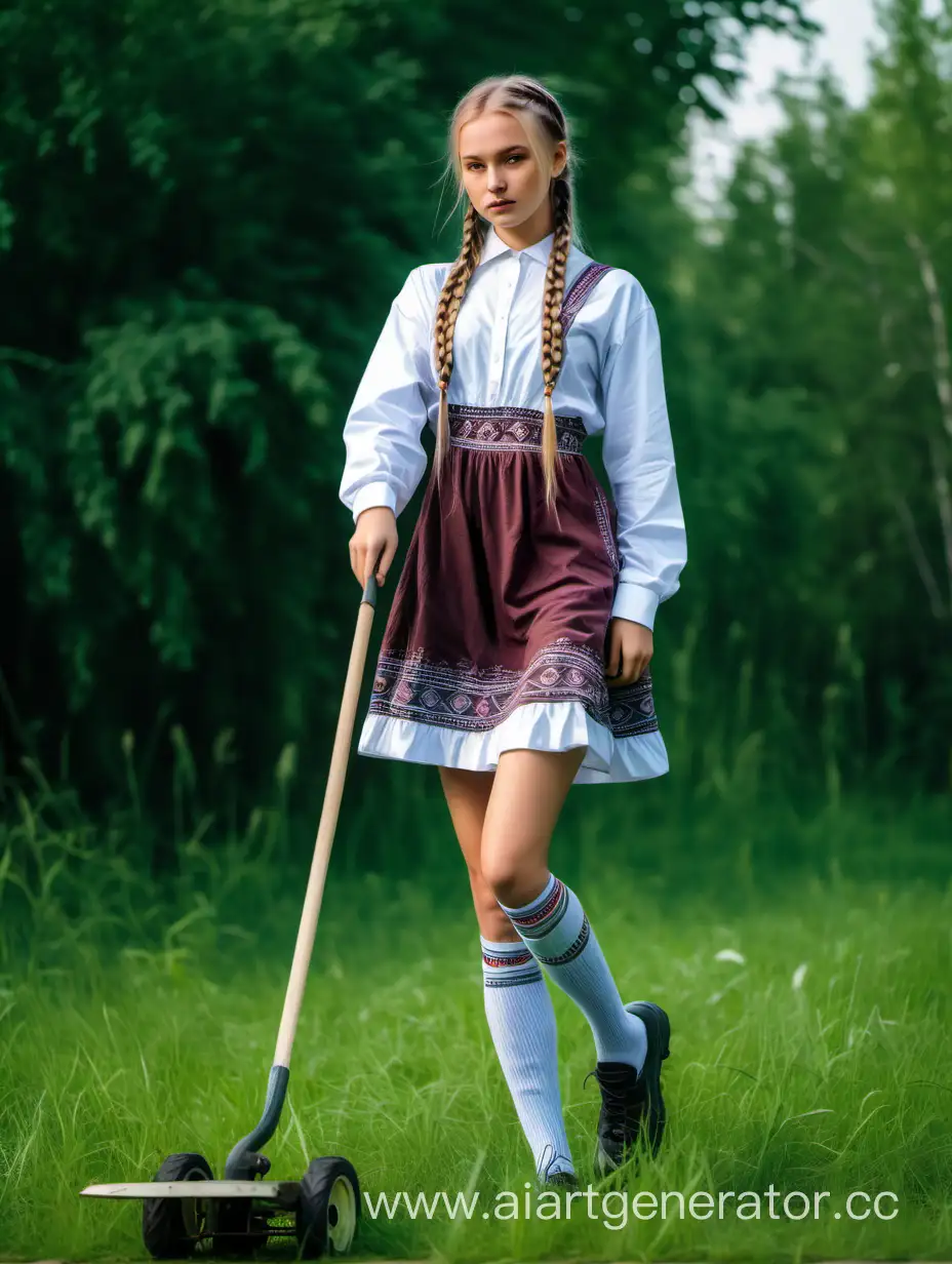 Девушка русская в спущенных носках и национальном мини-платье с длинными рукавами и косичками косит траву, полный рост