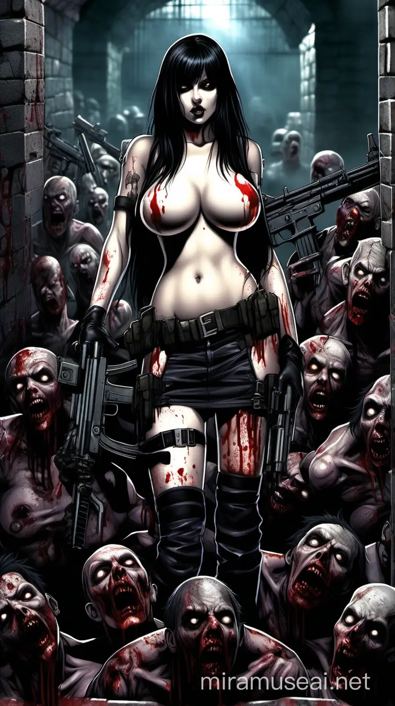 A voluptuous goth girl completely nude scantly clad pale skin, black hair and large breasts wielding an assault rifle in a dungeon filled with zombies with the walls completely covered in blood.