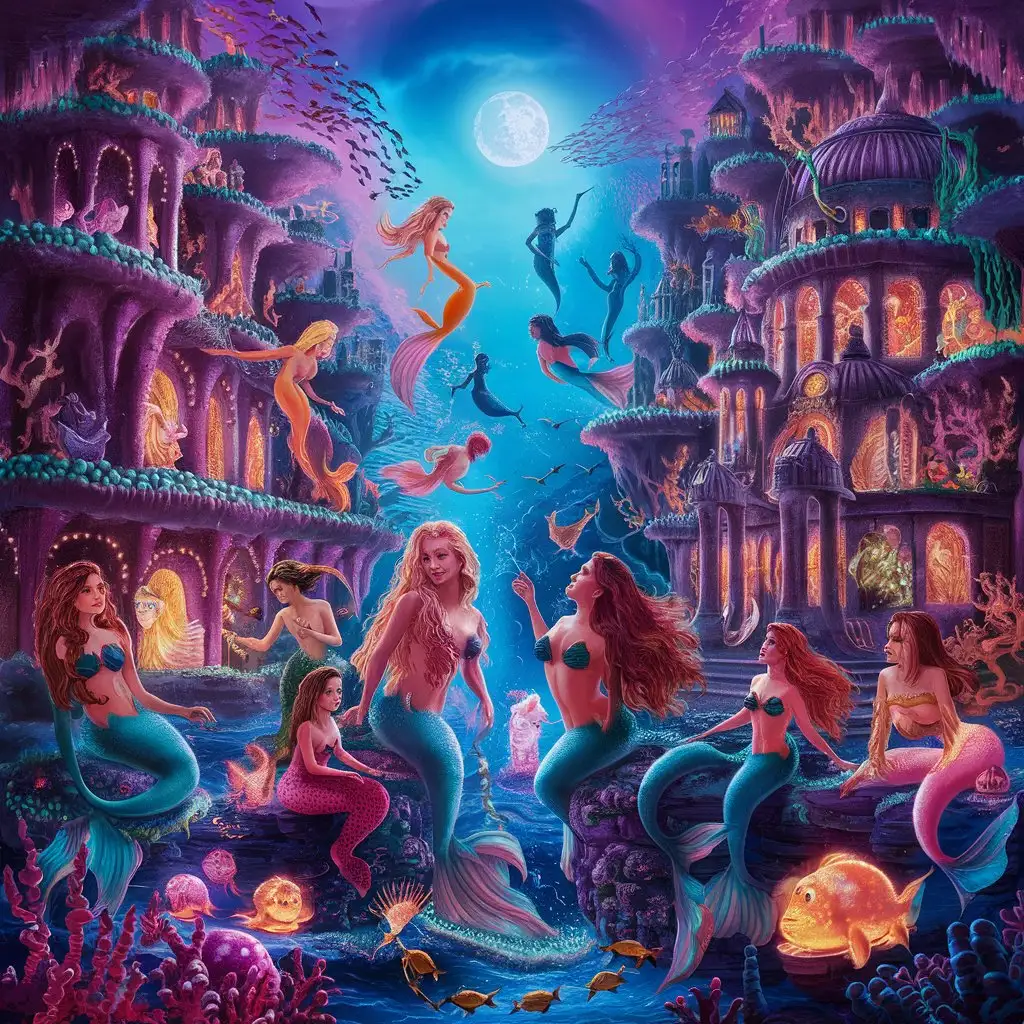 A fantastical underwater city inhabited by mermaids and sea creatures.