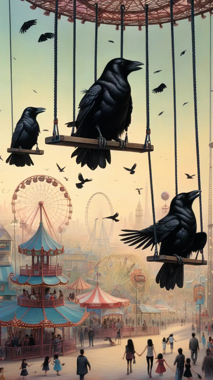  ethereal, art by Lee Man Fong, goth city, family, swings, amusement park, crows