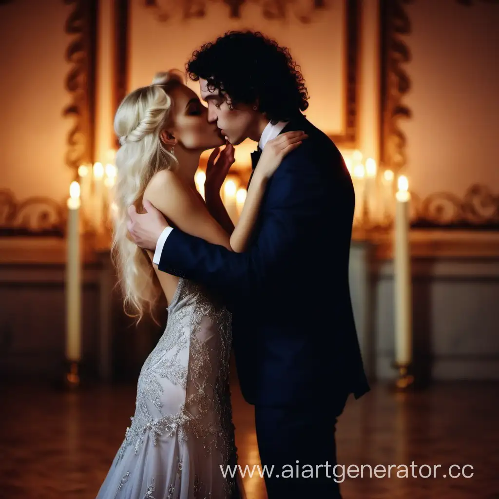 A young beautiful girl with blonde hair in a beautiful long dress is kissing a guy with dark curly hair in a suit. candlelight, wedding, decorated hall.