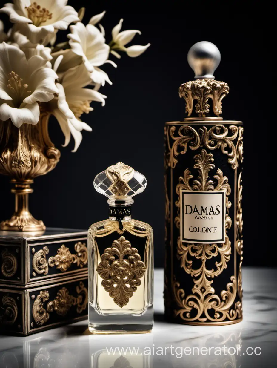 a bottle of damas cologne sitting next to a box, a flemish Baroque by Demetrios Farmakopoulos, instagram contest winner, dau-al-set, dynamic composition, contest winner, feminine