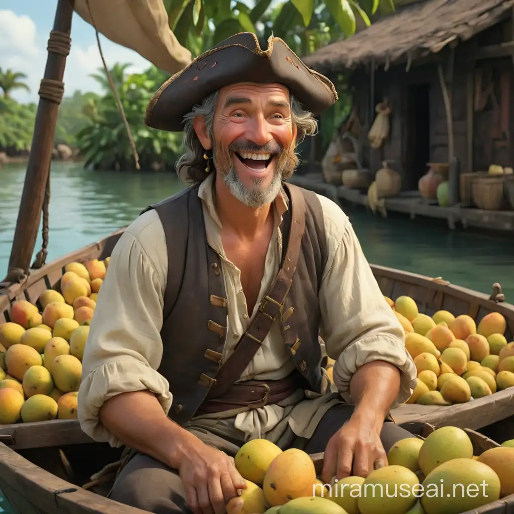 A man in his 50s smiles as he sits in a boat filled with mangoes. He is dressed in early 18th century style, poor, like a pirate. We see the boat in its entirety, from beginning to end. Realism style, 3d animation.