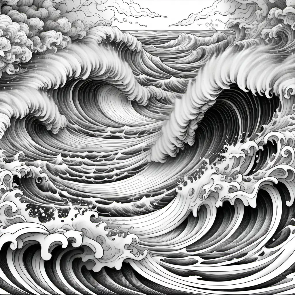 Low details, no background, white background. Adult coloring book, black and white, dark-lined, no shading. ultra-closeup of 3d stormy whitecap water.