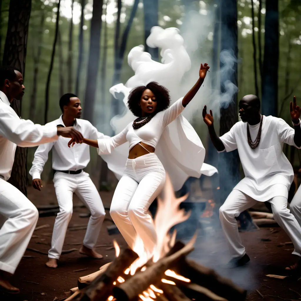 African American People wearing all white dancing around a fire in the forest in a shamanic ceremony