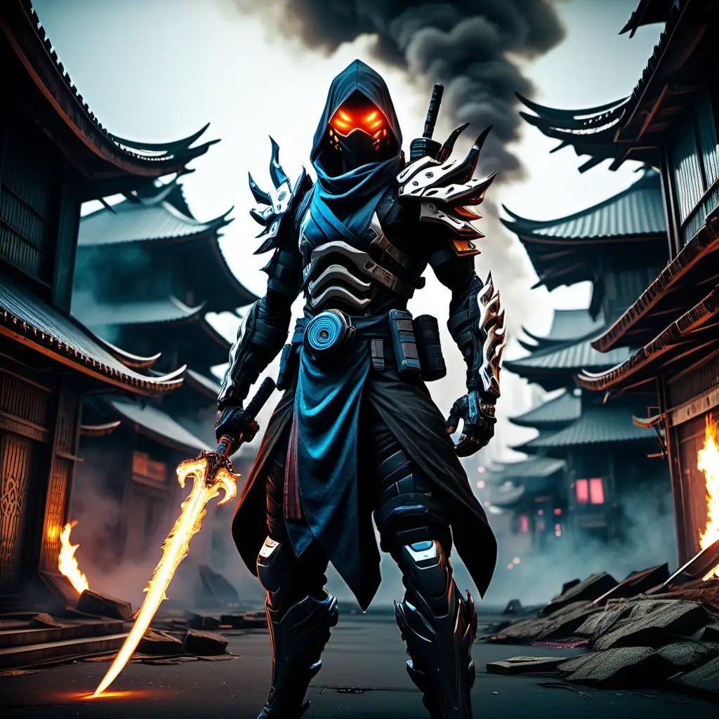 Cyberpunk Shadow Elemental Ninja in Epic Sword Battle
