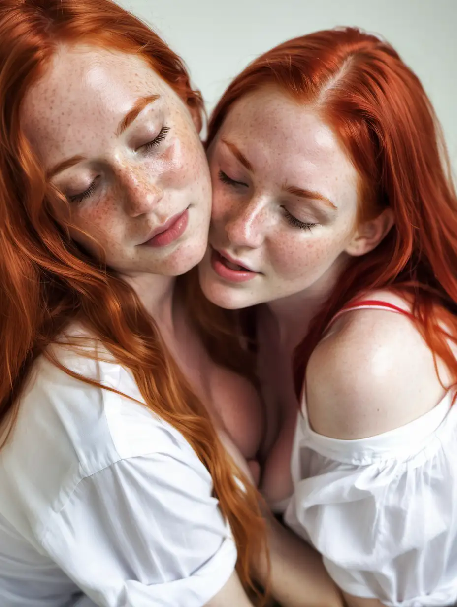 huge cleveage, red bra, white shirt, redhead, girl, freckled, looking at viewer, happy, closed eyes, long loose hair, dressed, holding head, 2 girls kissing, adult, kissing, close to face
