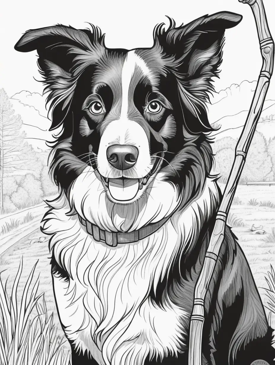 coloring book of border collie holding a stick in his mouth, with thin lines, low detail, no shading

