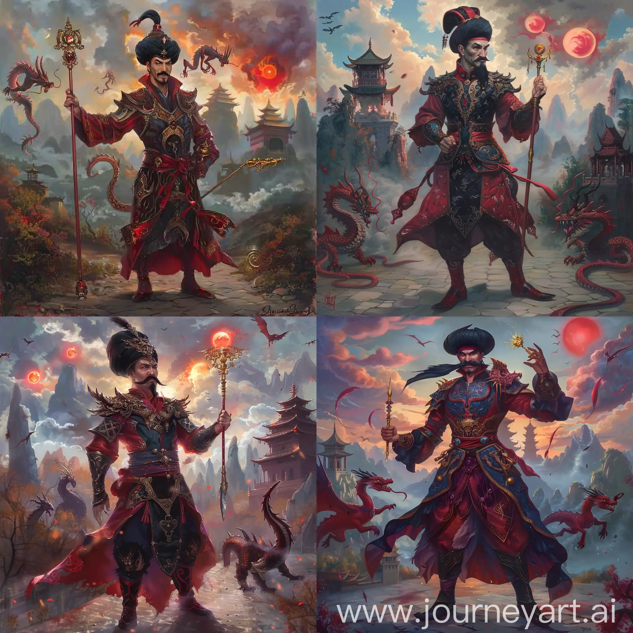 Historic painting style:

a Disney Villain, Vizir Jafar, he has Arabian black  mustache, he is in deep red and black color Arabian medieval style, armor, he wears Jafar's hat and dark red boots, he holds a Chinese style golden dragon magic wand in right hand, 

Chinese Guilin mountains and temple as background,  evil iced dragons and three small red blood suns in cloudy sky.