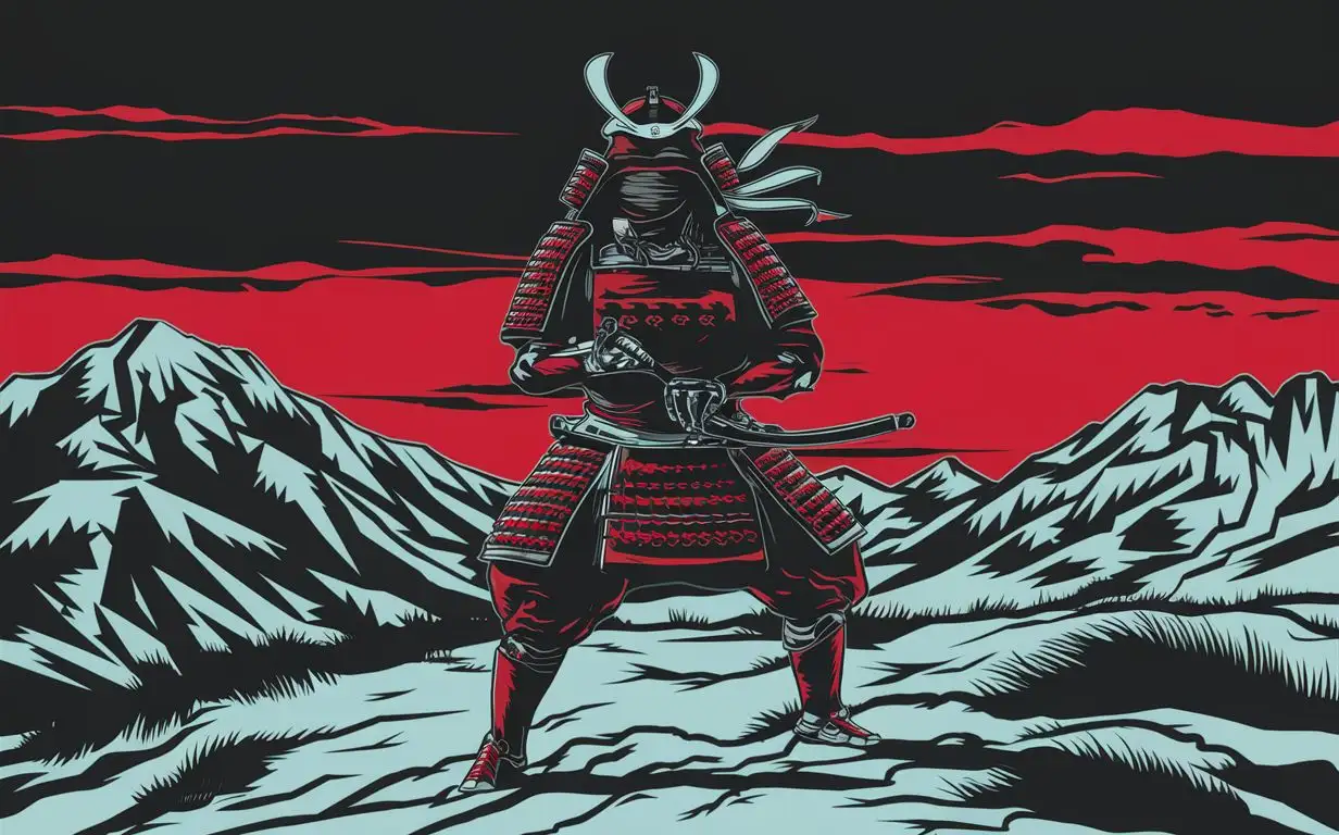Imagine a samurai who is training in the dark on top of a windy mountain, and the twilight air is red and everywhere is dark, and the face of the samurai is unknown and hidden.3d , cinematic , shadow man , in snow weather , art work , pop art