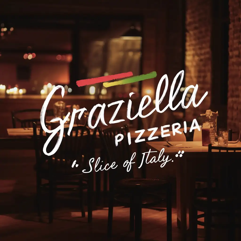 Handwriting Graziella Pizzeria Logo with Italian Colors Slice of Italy Quote in Night Cozy Restaurant Atmosphere