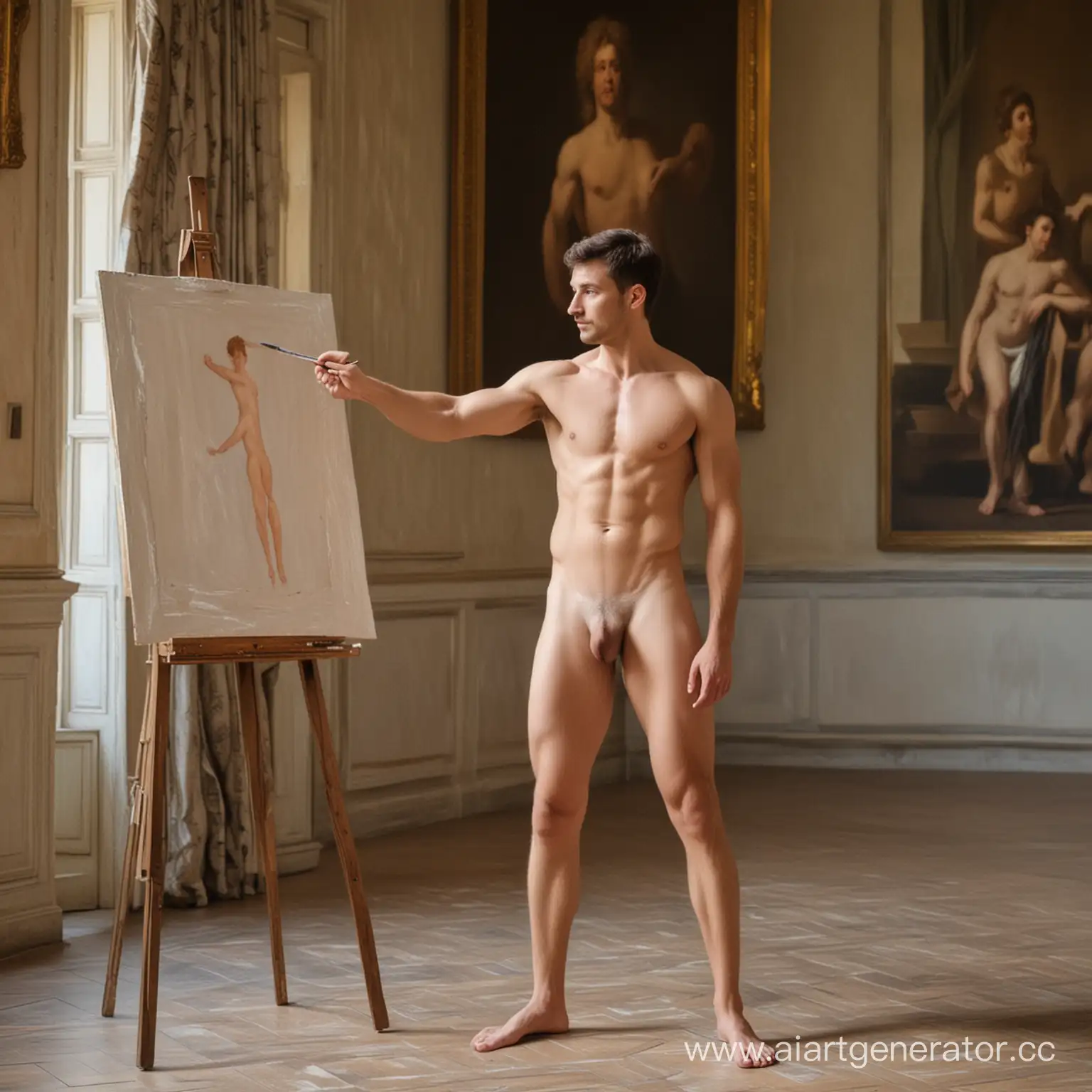 обнаженный атлетичный парень в набедренной повязке позирует для художника пишущего картину во дворце