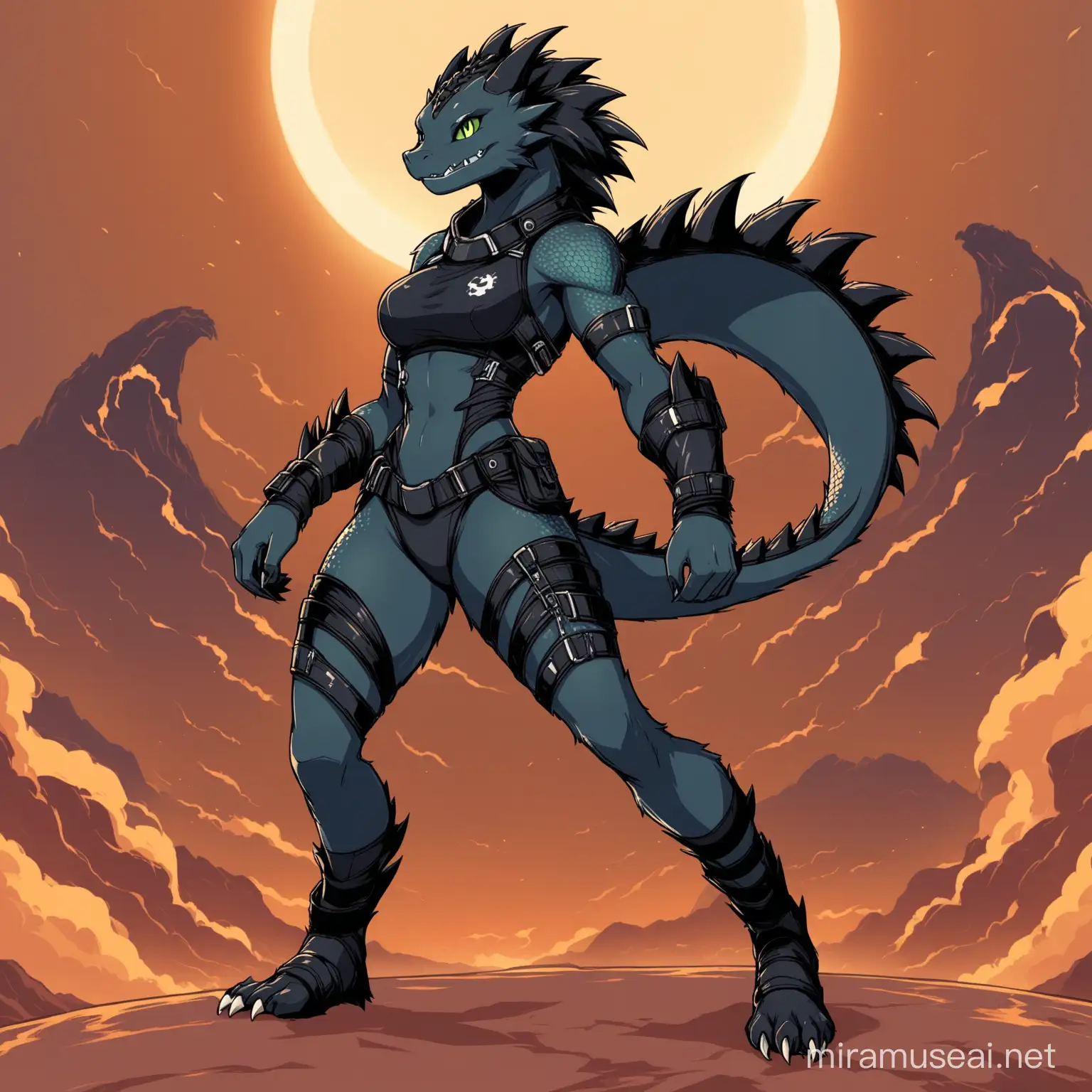 Athletic Humanoid Female Dragon in PostApocalyptic Outfit
