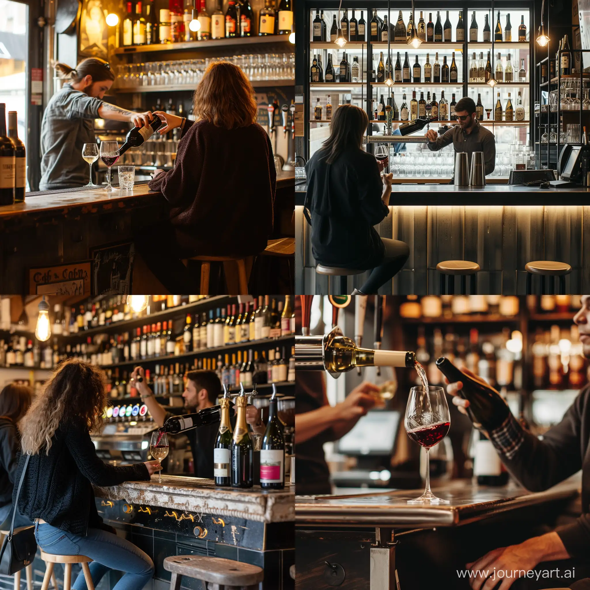 Cozy-Cafe-Atmosphere-Bartender-Pouring-Wine-for-Seated-Visitor