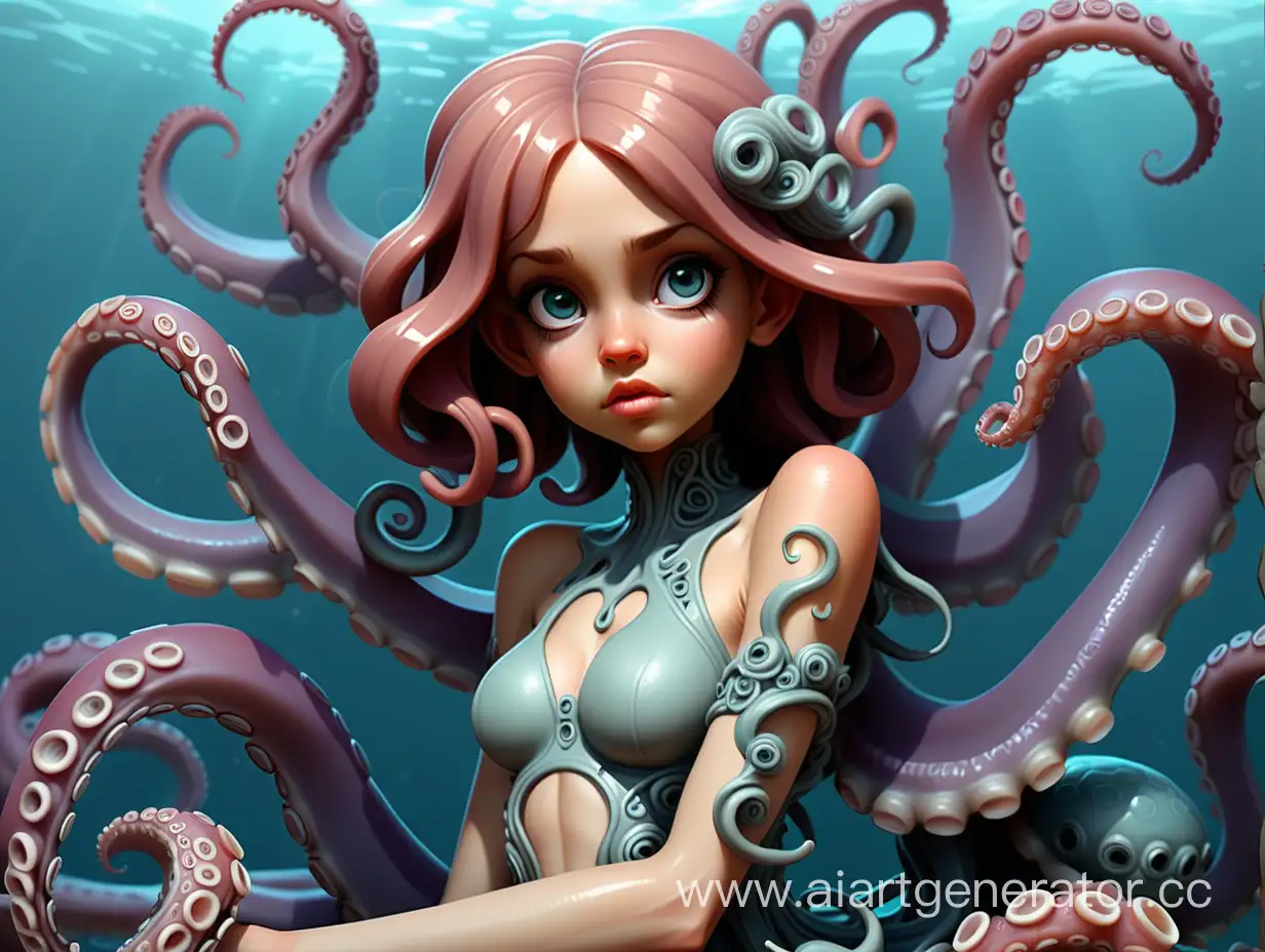 Девушка с щупальцами осьминога вместо ног океан блики высокая детализация фэнтези
