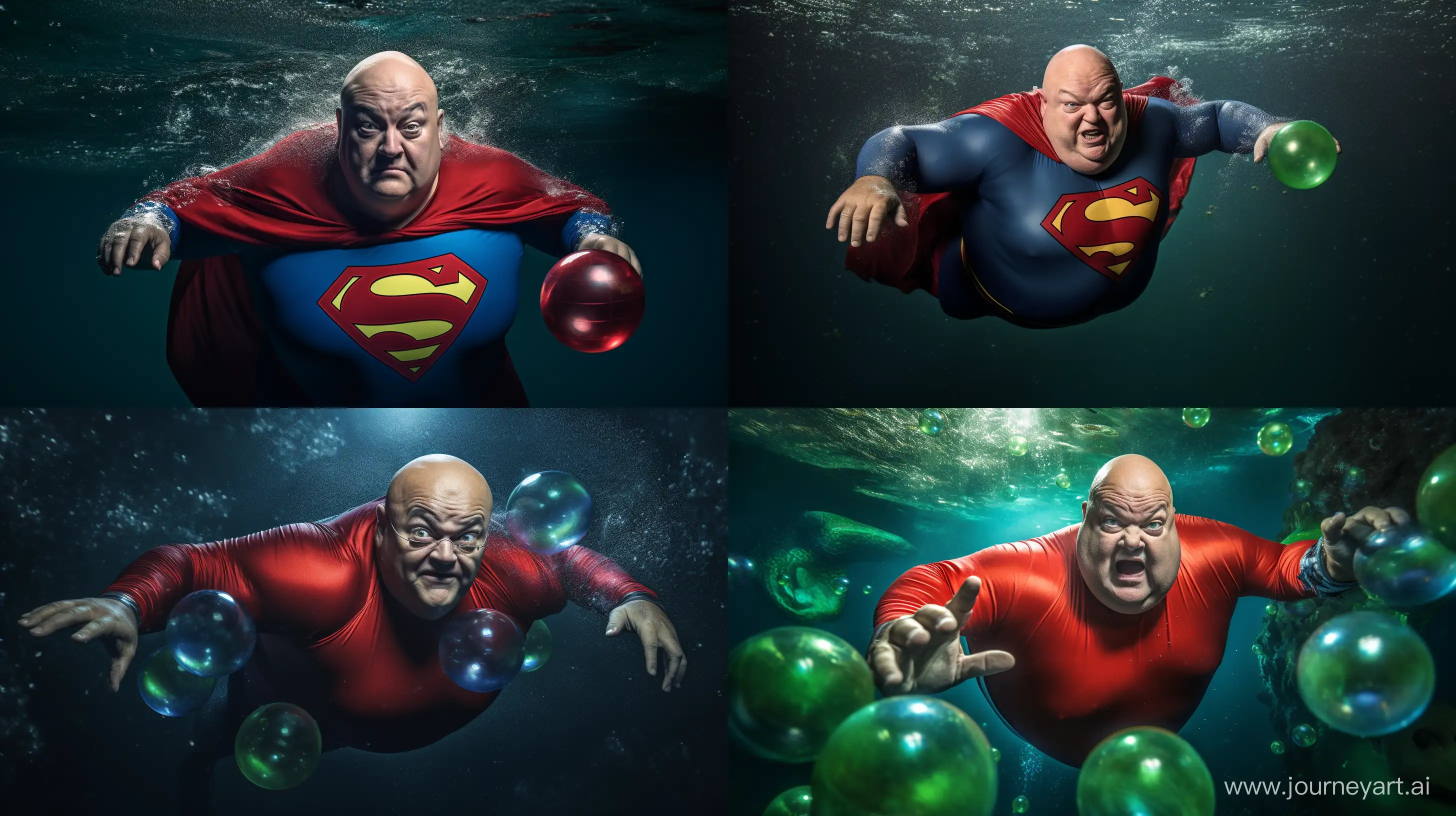 chubby man 70 years old man diving in water, small green illuminated ball, wet tight blue spandex superman costume, red cape, clean shaven, bald, sharp-focus, high-quality, award-winning photograph, Canon EOS 5D Mark IV DSLR, professional lighting setup, Adobe Photoshop --ar 16:9