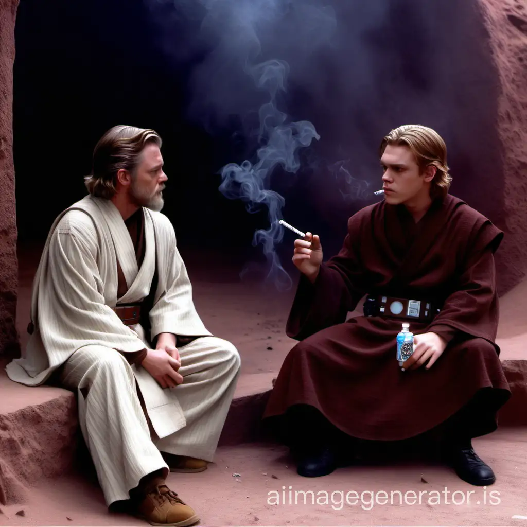 Obi wan and anakin sit in a chill place smoking cigarettes