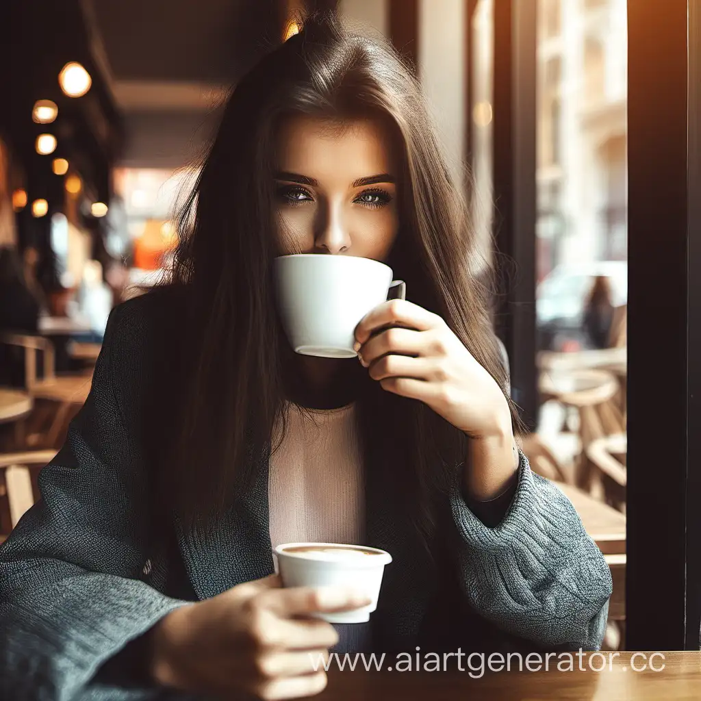 девушка в кафе пьет кофе