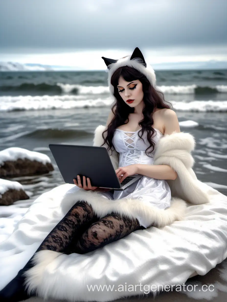Темноволосая женщина в костюме кошки с ушами с белым мехом лежит на берегу моря на белой кожаной подушке в снегу с ноутбуком и блокнотом консультирует онлайн в кружевном платье в стиле прерафаэлитов