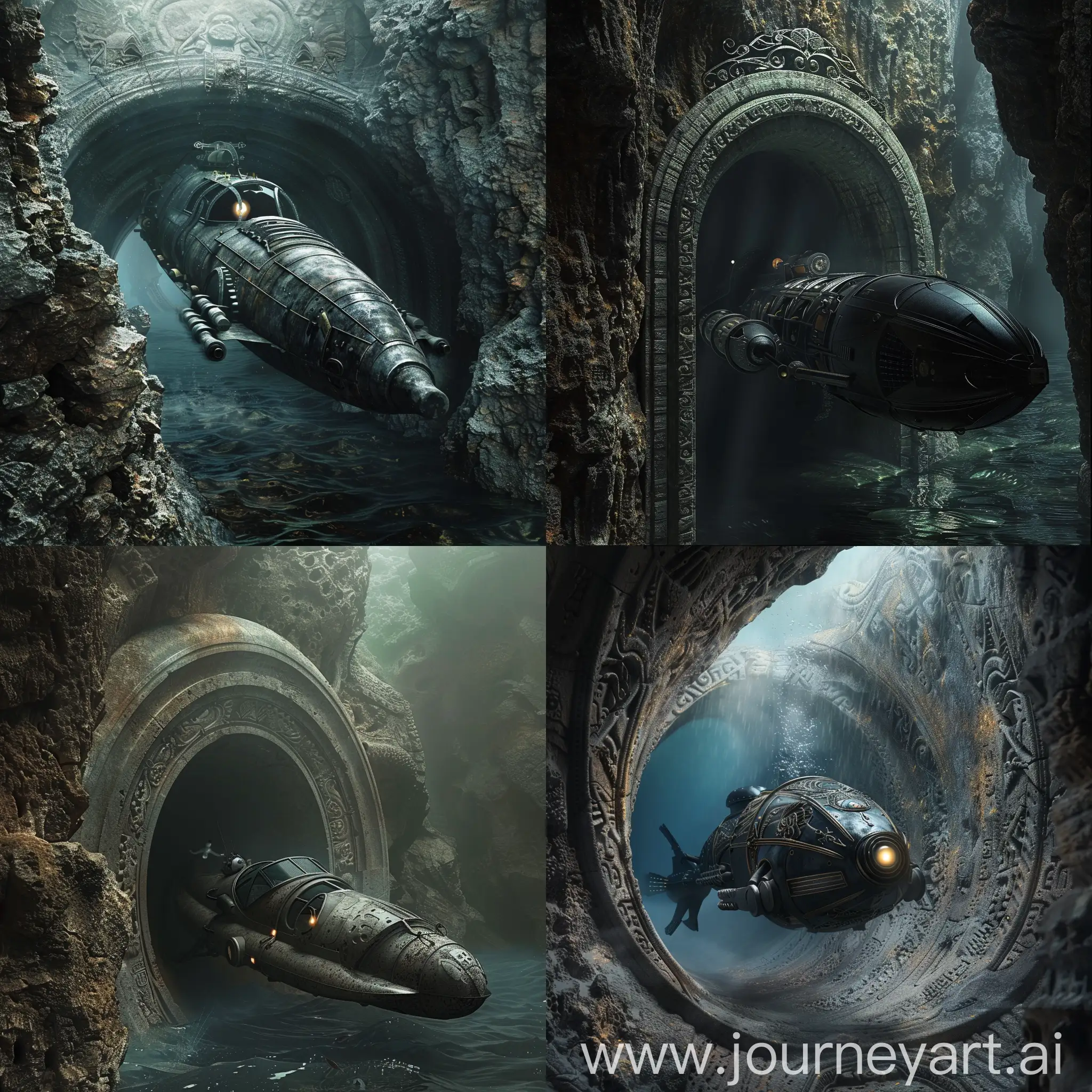 Medieval-Prototype-of-a-Bathyscaphe-Swimming-Through-Carved-Stone-Tunnel