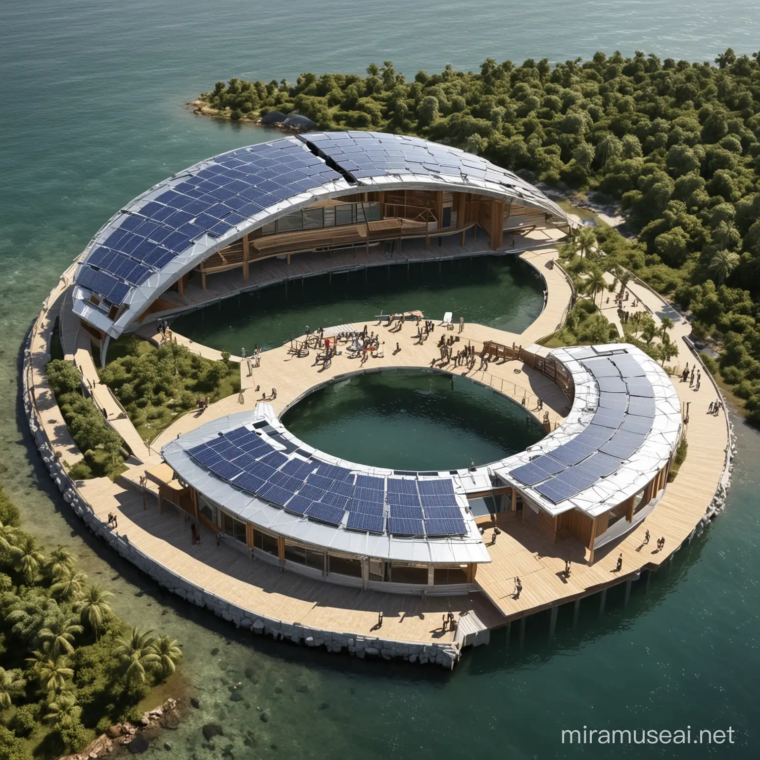 Horse shoe shape design, M.I.C.E tripple story, sustainable super structure with intergrated roof solar panels surrounded by water with a main walkway to the entrance. 
