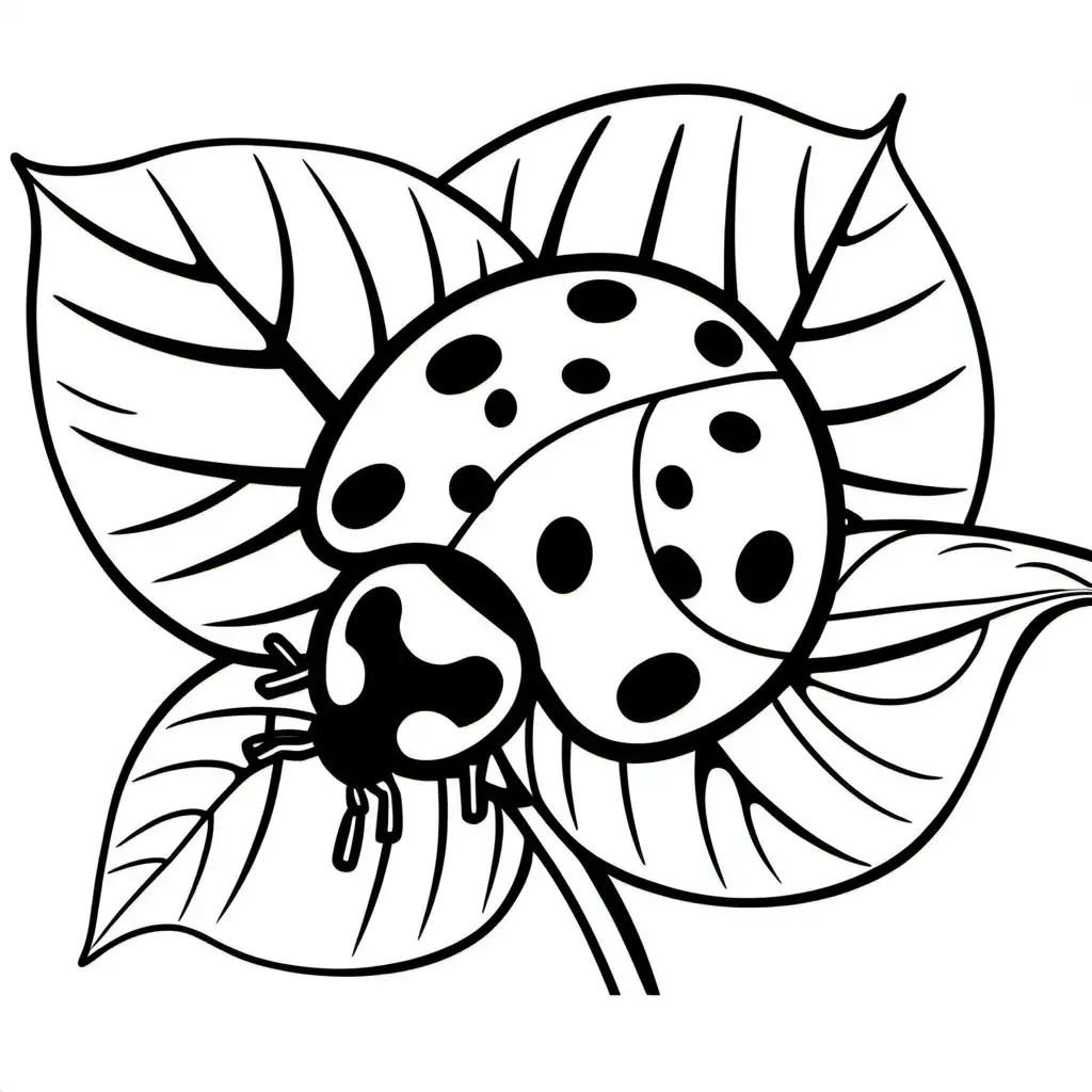 a simple black and white outline drawing of a ladybug on a leaf, -no background, outlines, kids colouring page, black and white: 1.5, white png background, flat 2d  –no shading, gradient, colors: 1.5, saturation:1.2, colored, shadow: 1.1, 3d -- ar 9:11