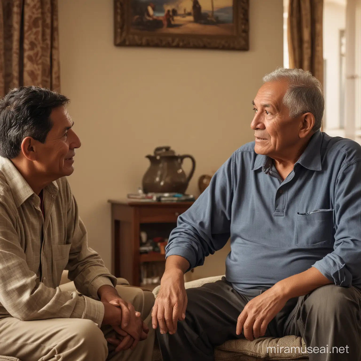 Imagen de un papá peruano de la tercera edad sentado en su sala conversando con su hijo  peruano de mediana de edad
