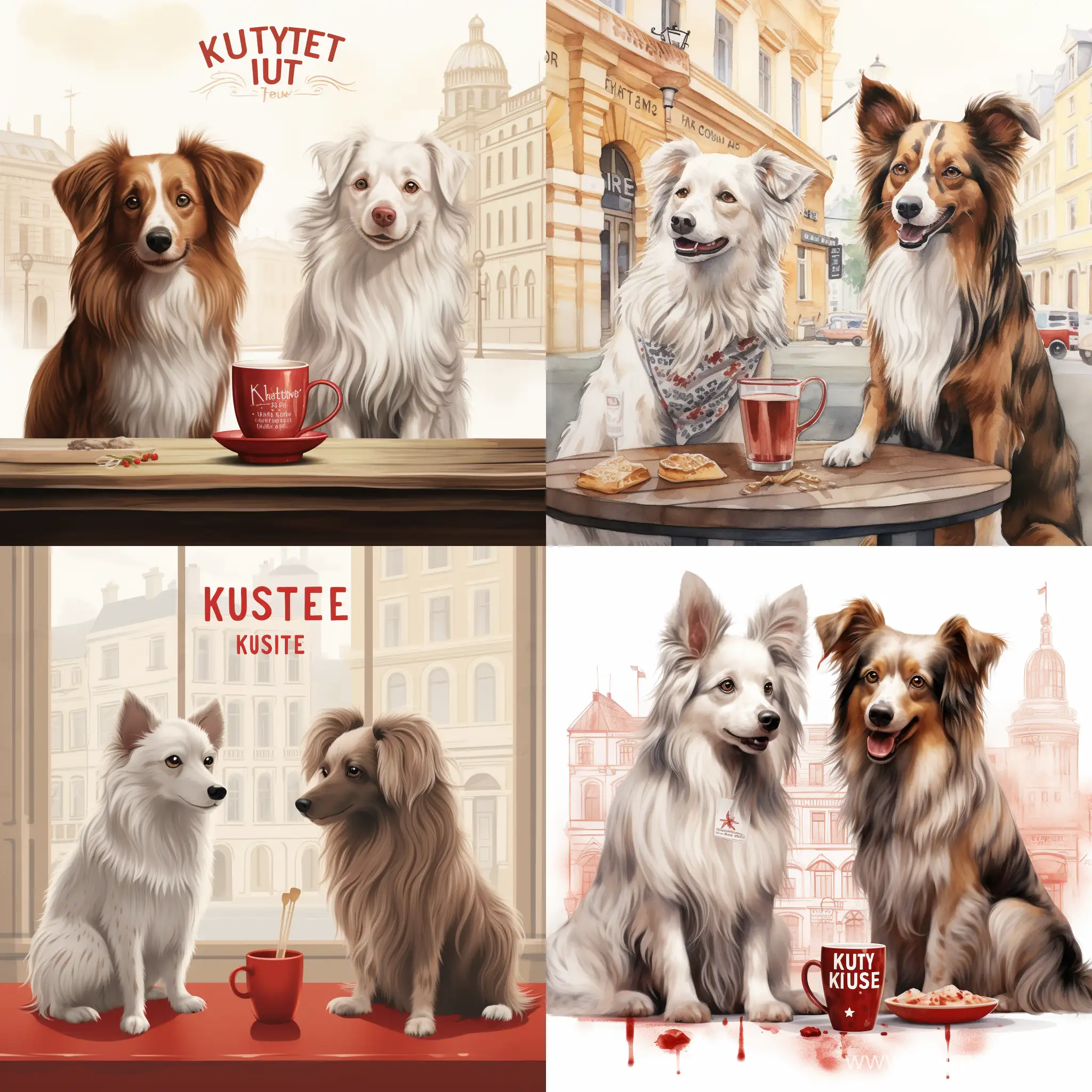 a red merle aussie and a westie drinking coffee in budapest with a title Kutya Coffee House